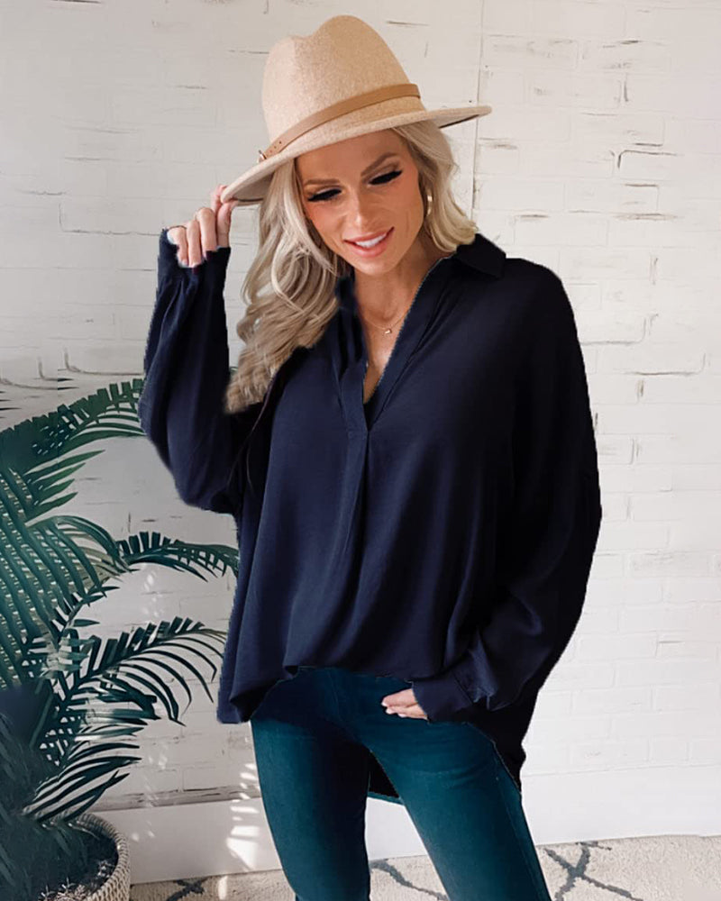 Women's Silk Shirts V Neck Shirred Lantern Sleeve Casual Work Blouse Tunic Tops - Zeagoo (Us Only)