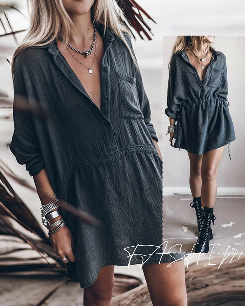 Women's Long Sleeve Button Down Linen Tunic Dress Shirts Boho Beach Coverup Dresses with Belt - Zeagoo (Us Only)