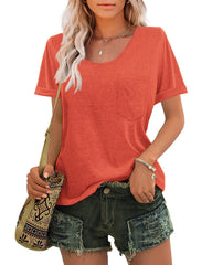 Women's Scoop Neck Short Sleeve Tees Chest Pocket T Shirt Summer Blouses Tops - Zeagoo (Us Only)