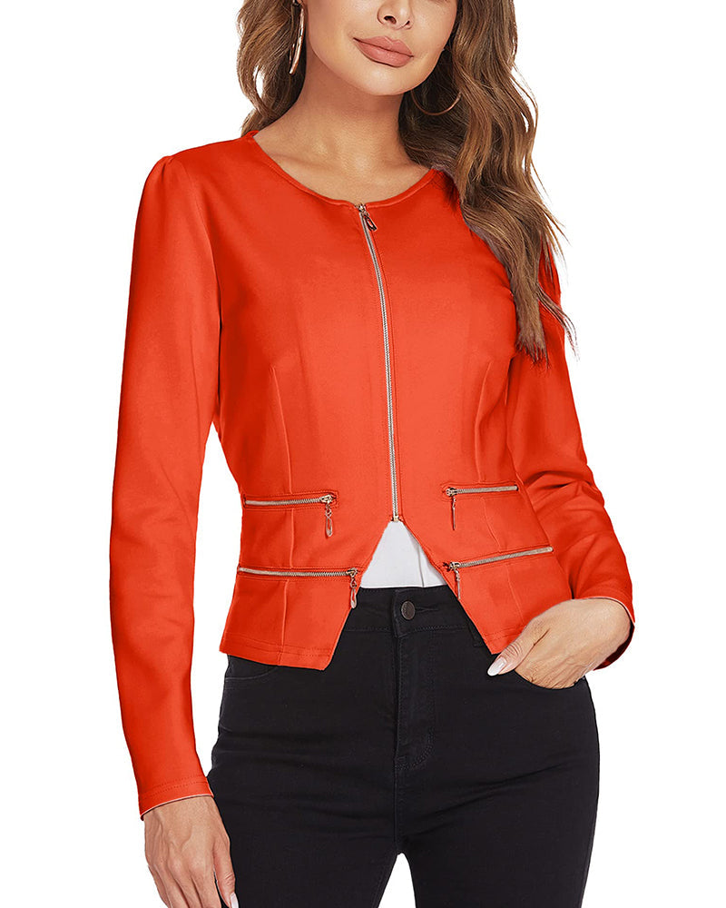 Zeagoo Womens Blazer Cropped Open Front Zipper Dress Jacket O Neck Casual Office Suit Jacket