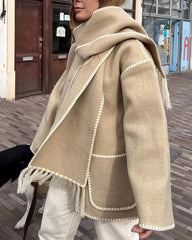 Women's Thickened Loose Woolen Coat with Fringed Scarf