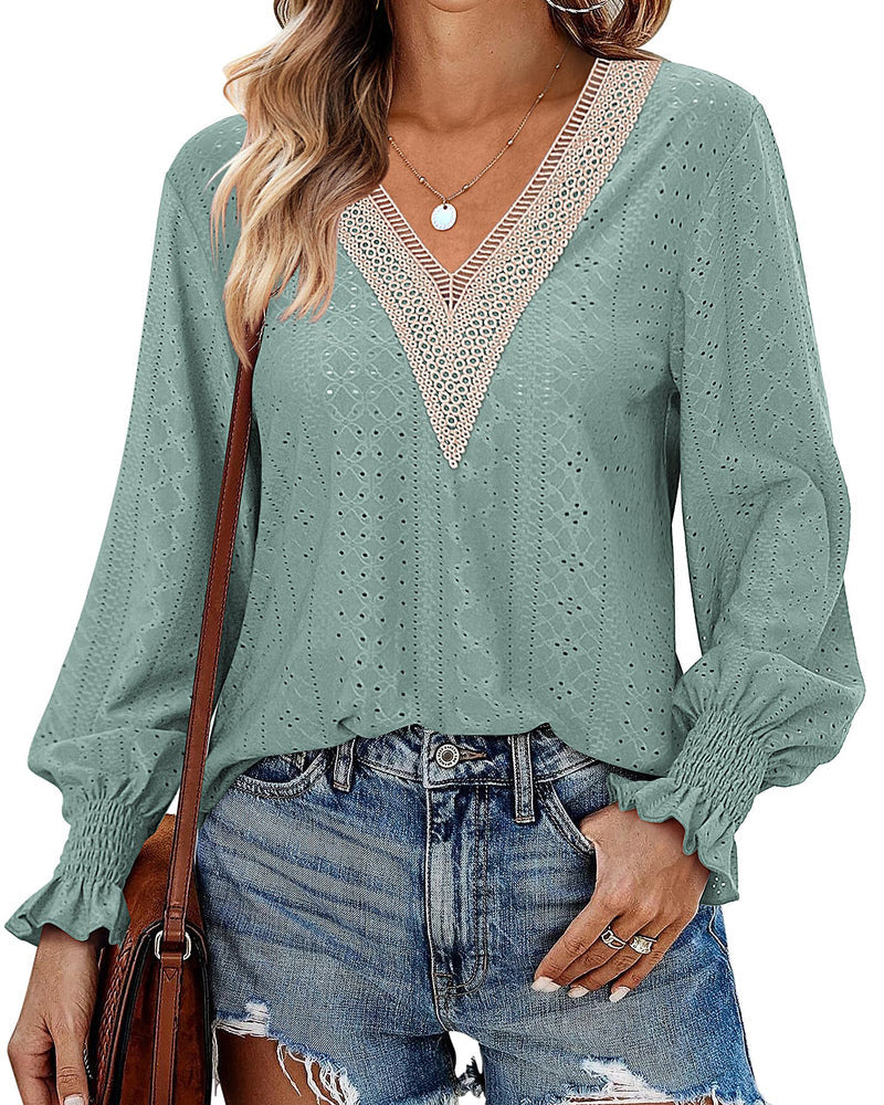 Zeagoo Casual Lace V Neck T-Shirts for Women 2023 Dressy Smocked Puff Long Sleeve Tops Eyelet Loose Tunic Blouses