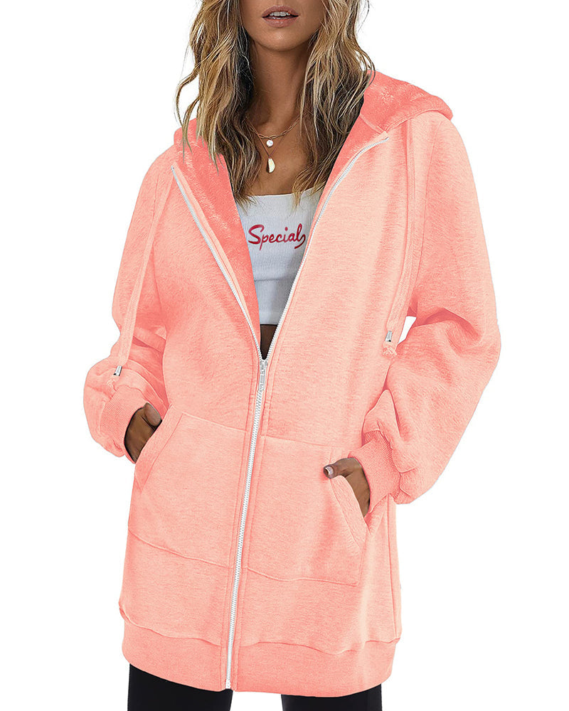 Women Zip Up Hoodies Long Fleece Jacket Lightweight Tunic Hooded Sweatshirt Oversize Winter Coat With Pockets - Zeagoo (Us Only)