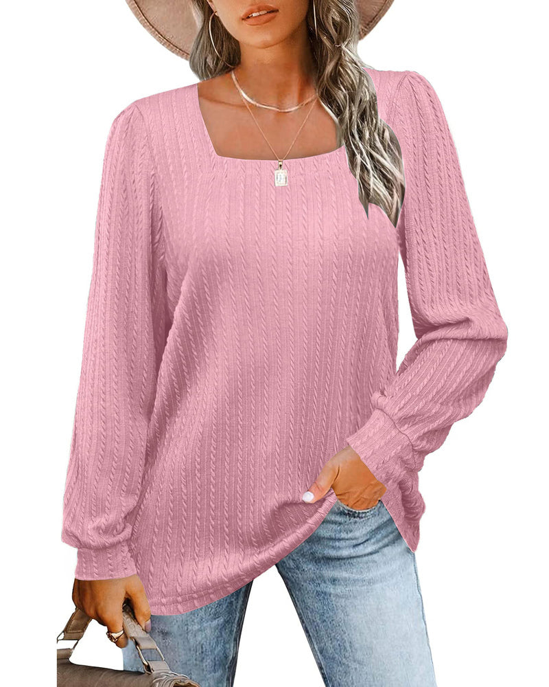 Zeagoo Tunic Tops for Women Loose Fit Dressy Square Neck Long Sleeve Shirts Rib Kint Pullover Blouses