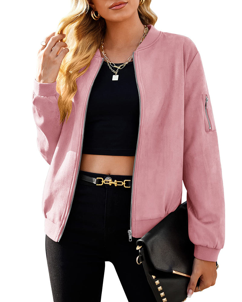 Faux Bomber Zip Up Lightweight Jacket Coat with Pockets - Zeagoo (Us Only)
