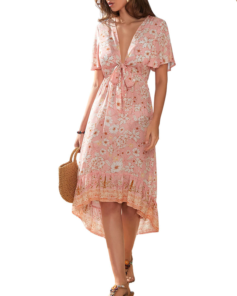 Bohemian Floral Tie Front V Neck Midi Dresses - Zeagoo (Us Only)