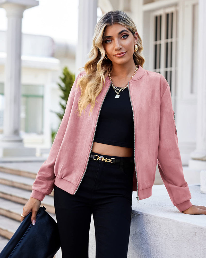 Faux Bomber Zip Up Lightweight Jacket Coat with Pockets - Zeagoo (Us Only)