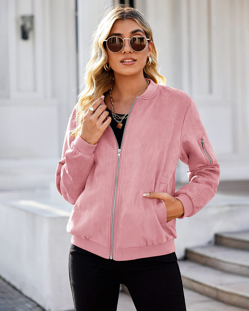 Faux Bomber Zip Up Lightweight Jacket Coat with Pockets - Zeagoo (Us Only)