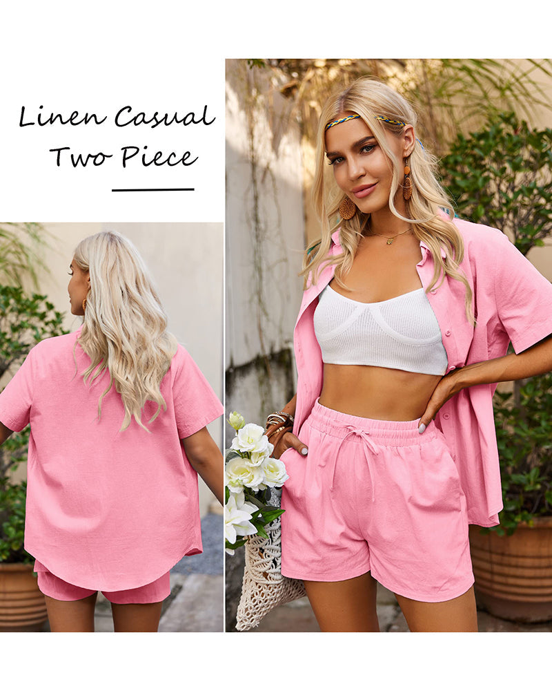 Women 2 Piece Linen Set Outfit Summer Button Down Casual Lounge Beach Set - Zeagoo (Us Only)