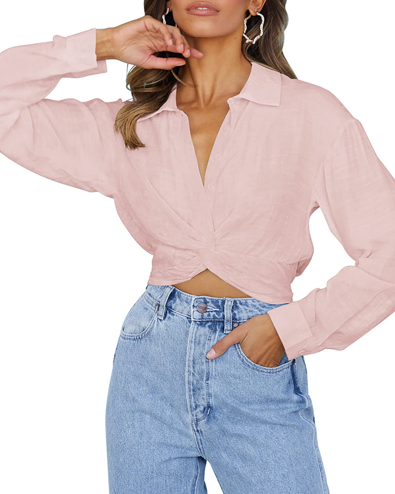 Zeagoo Women's V Neck Twist Hem Blouse Long Sleeve Crop Top Casual Button Shirts