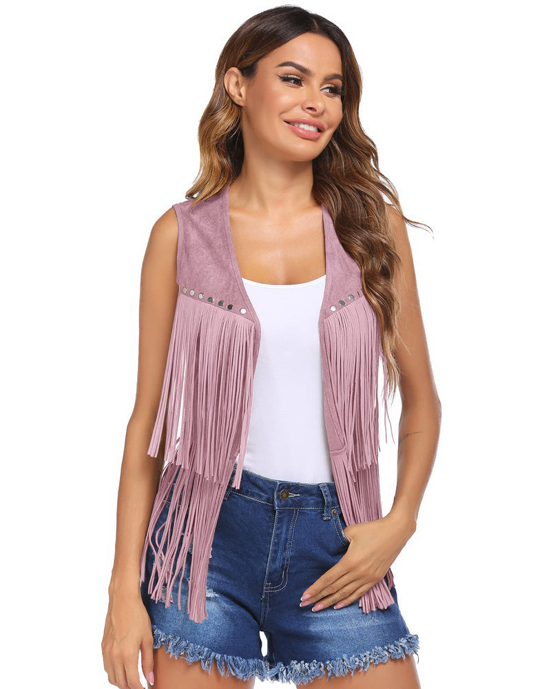 Zeagoo Womens Fringe Vest 70s Cowgirl Costume Faux Suede Rave Outfits Western Hippie Clothes S-XXXL