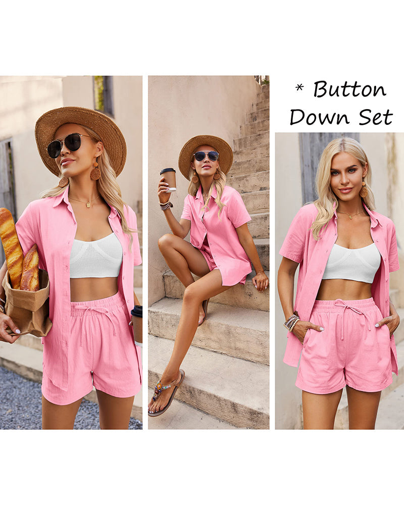 Women 2 Piece Linen Set Outfit Summer Button Down Casual Lounge Beach Set - Zeagoo (Us Only)
