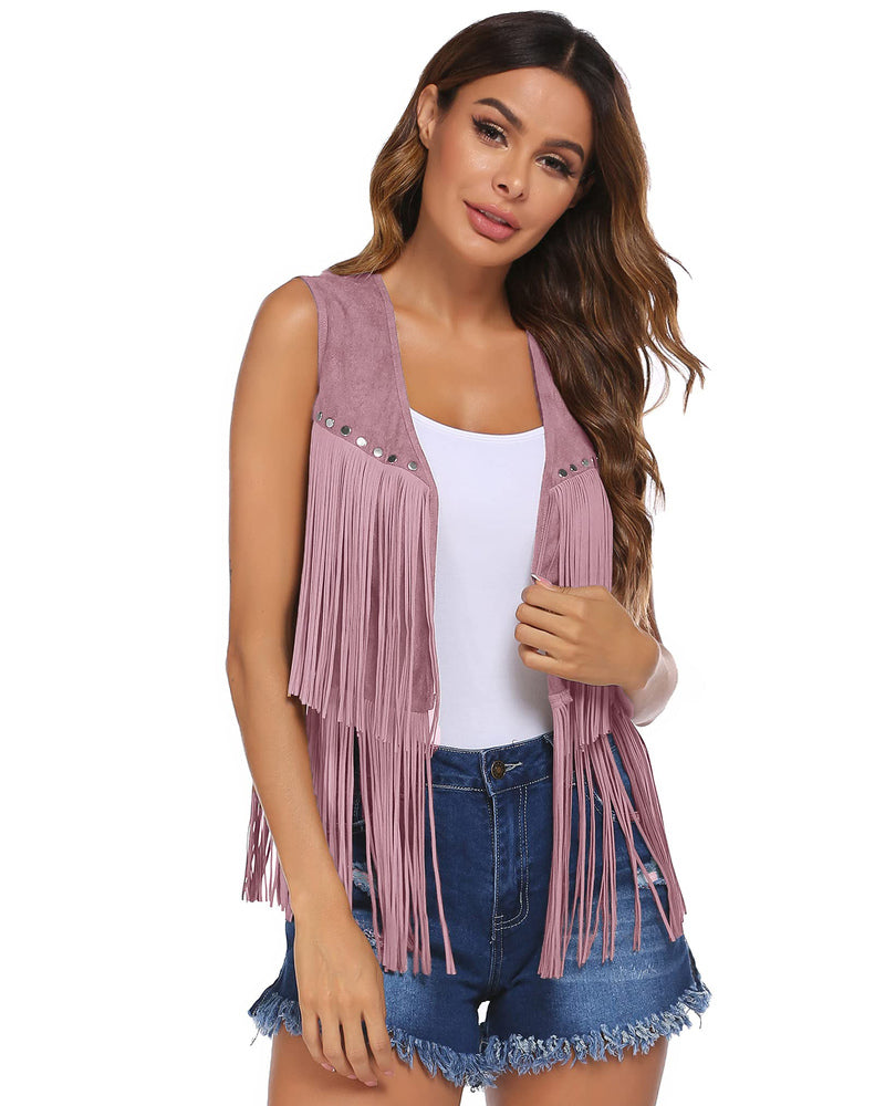Zeagoo Womens Fringe Vest 70s Cowgirl Costume Faux Suede Rave Outfits Western Hippie Clothes S-XXXL