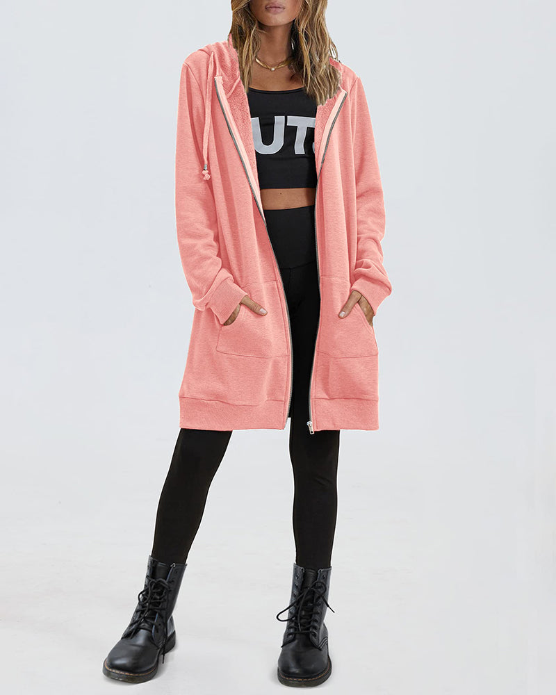 Women Zip Up Hoodies Long Fleece Jacket Lightweight Tunic Hooded Sweatshirt Oversize Winter Coat With Pockets - Zeagoo (Us Only)