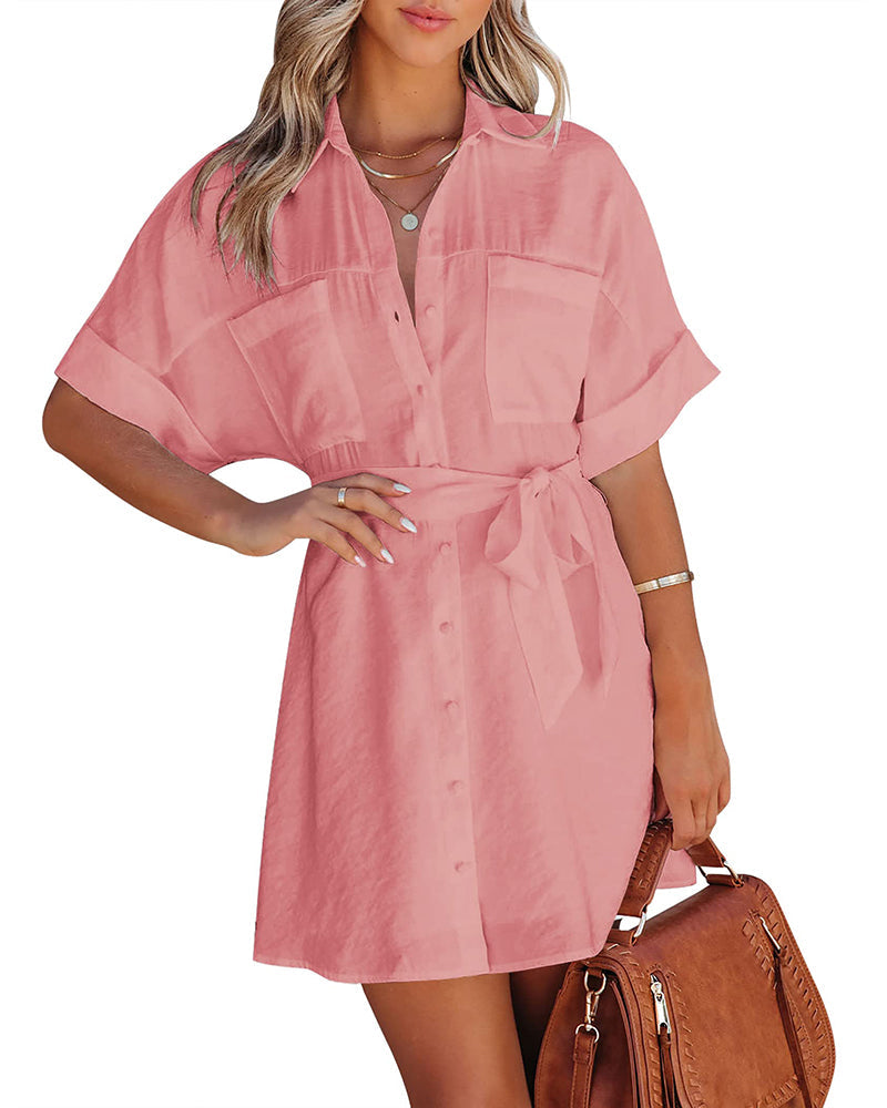 Women's Shirt Dress Button Down V Neck Blouse Short Roll-up Sleeve Tunic Tops with Pockets - Zeagoo (Us Only)