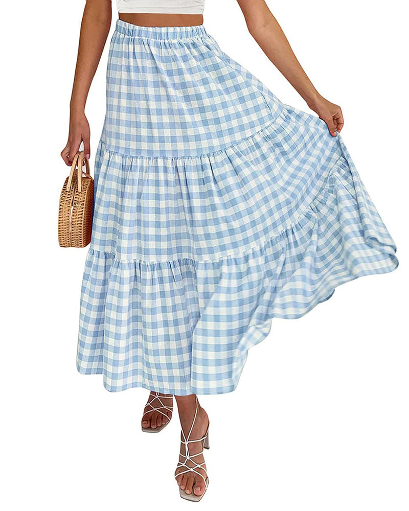 Women's Boho Elastic High Waist Ruffle A Line Swing Beach Long Maxi Skirt with Pockets - Zeagoo (Us Only)