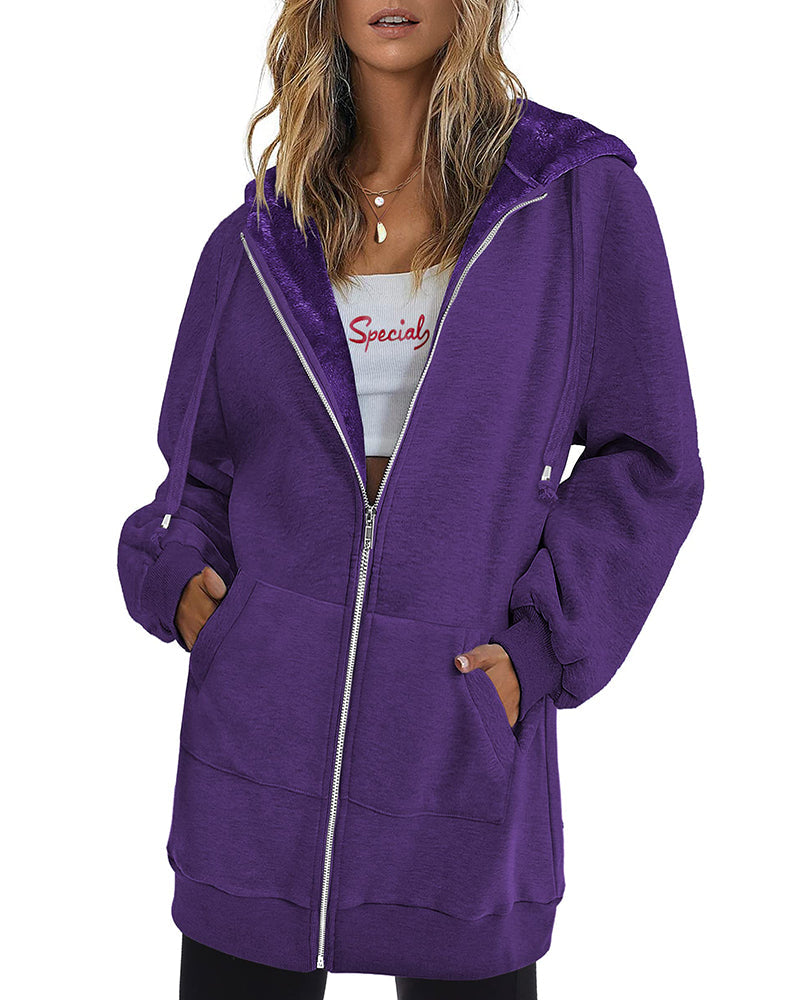 Women Casual Zip Up Fleece Hoodies Tunic Sweatshirt Long Hoodie Jacket - Zeagoo (Us Only)