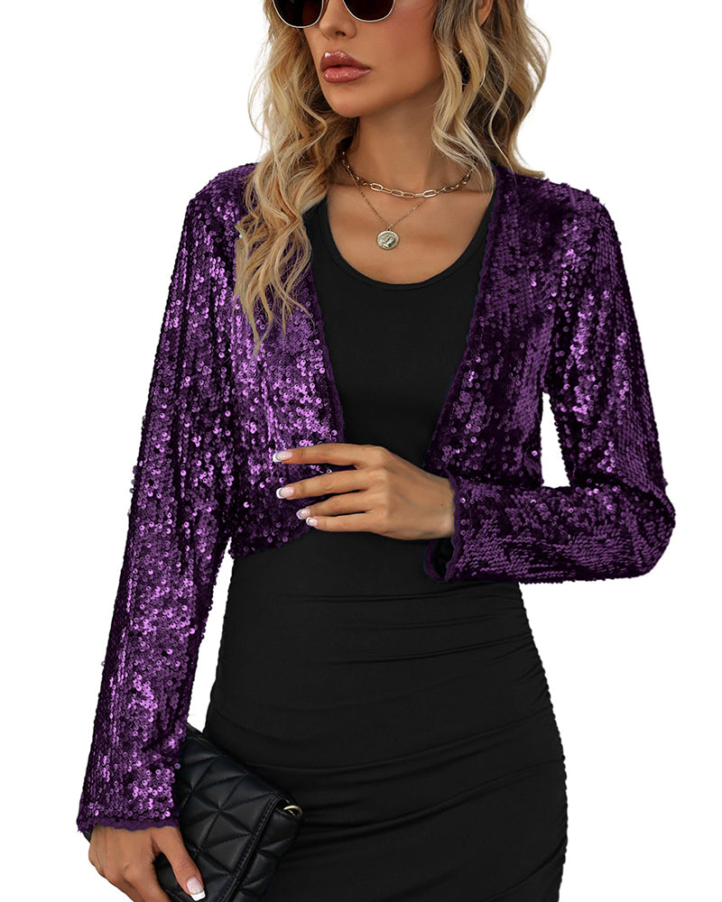 Sequin Shrug Glitter Bolero Jackets with Sparkly Blazer Long Sleeve Cropped Cardigan - Zeagoo (Us Only)