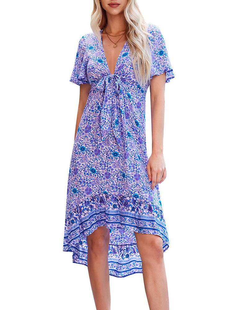 Bohemian Floral Tie Front V Neck Midi Dresses - Zeagoo (Us Only)