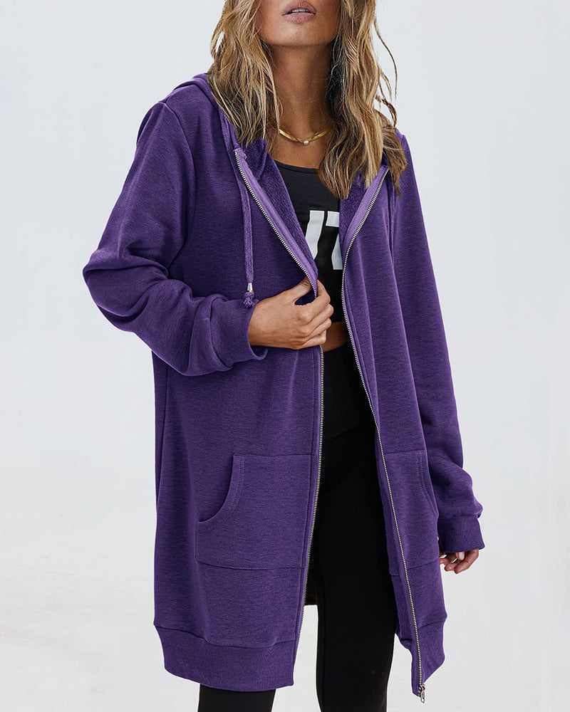 Women Zip Up Hoodies Long Fleece Jacket Lightweight Tunic Hooded Sweatshirt Oversize Winter Coat With Pockets - Zeagoo (Us Only)