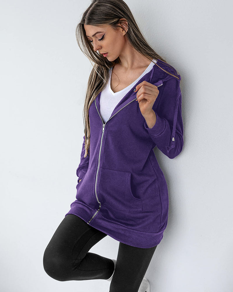 Women Zip Up Hoodies Long Fleece Jacket Lightweight Tunic Hooded Sweatshirt Oversize Winter Coat With Pockets - Zeagoo (Us Only)
