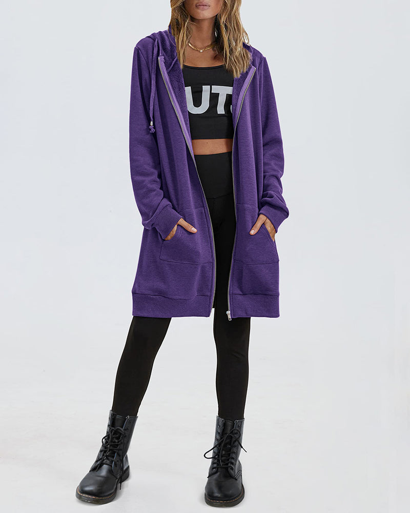 Women Zip Up Hoodies Long Fleece Jacket Lightweight Tunic Hooded Sweatshirt Oversize Winter Coat With Pockets - Zeagoo (Us Only)