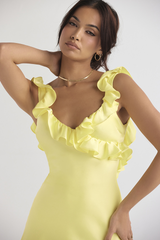 Yellow Silk Satin Ruffle Mini Dress