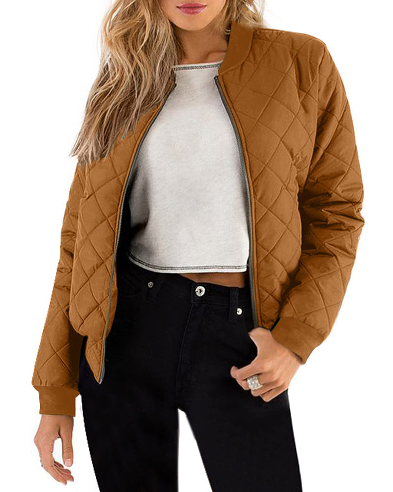 Women's Quilted Bomber Jacket Casual Coat Zip Up Outerwear Windbreaker with Pockets - Zeagoo (Us Only)