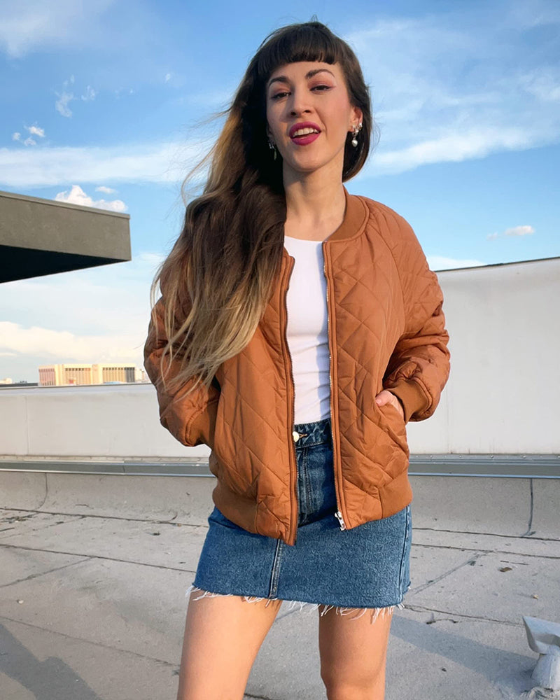Women's Quilted Bomber Jacket Casual Coat Zip Up Outerwear Windbreaker with Pockets - Zeagoo (Us Only)