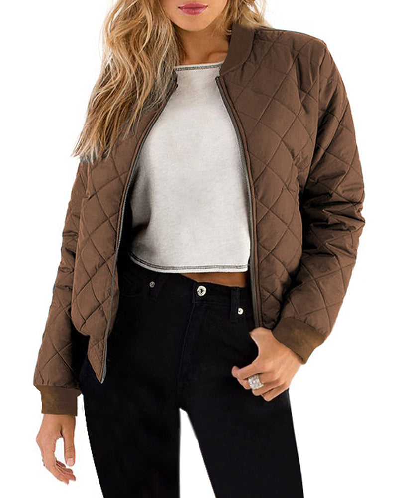 Women's Quilted Bomber Jacket Casual Coat Zip Up Outerwear Windbreaker with Pockets - Zeagoo (Us Only)