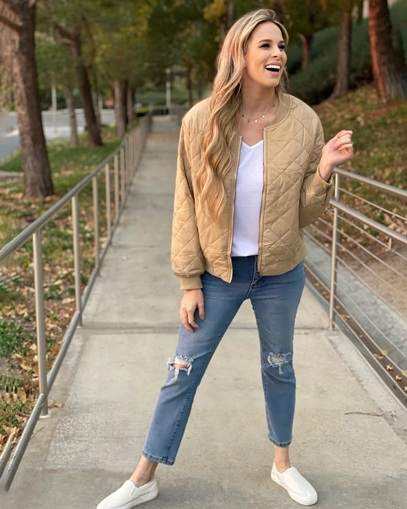 Women's Quilted Bomber Jacket Casual Coat Zip Up Outerwear Windbreaker with Pockets - Zeagoo (Us Only)