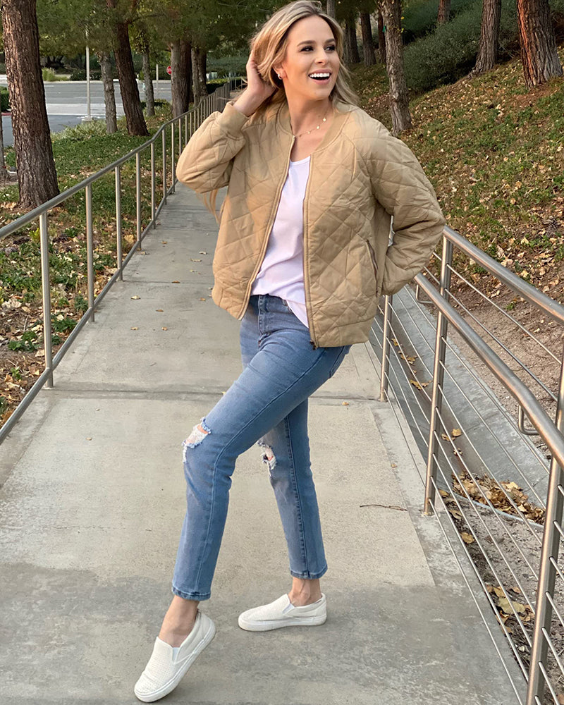 Women's Quilted Bomber Jacket Casual Coat Zip Up Outerwear Windbreaker with Pockets - Zeagoo (Us Only)