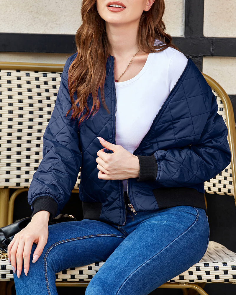 Women's Quilted Bomber Jacket Casual Coat Zip Up Outerwear Windbreaker with Pockets - Zeagoo (Us Only)