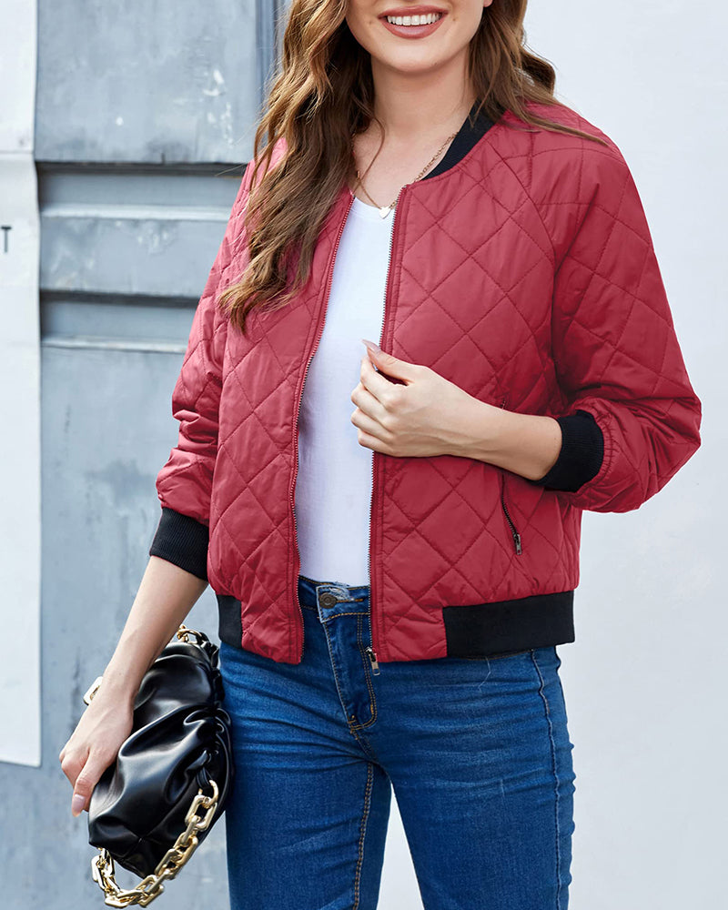 Women's Quilted Bomber Jacket Casual Coat Zip Up Outerwear Windbreaker with Pockets - Zeagoo (Us Only)
