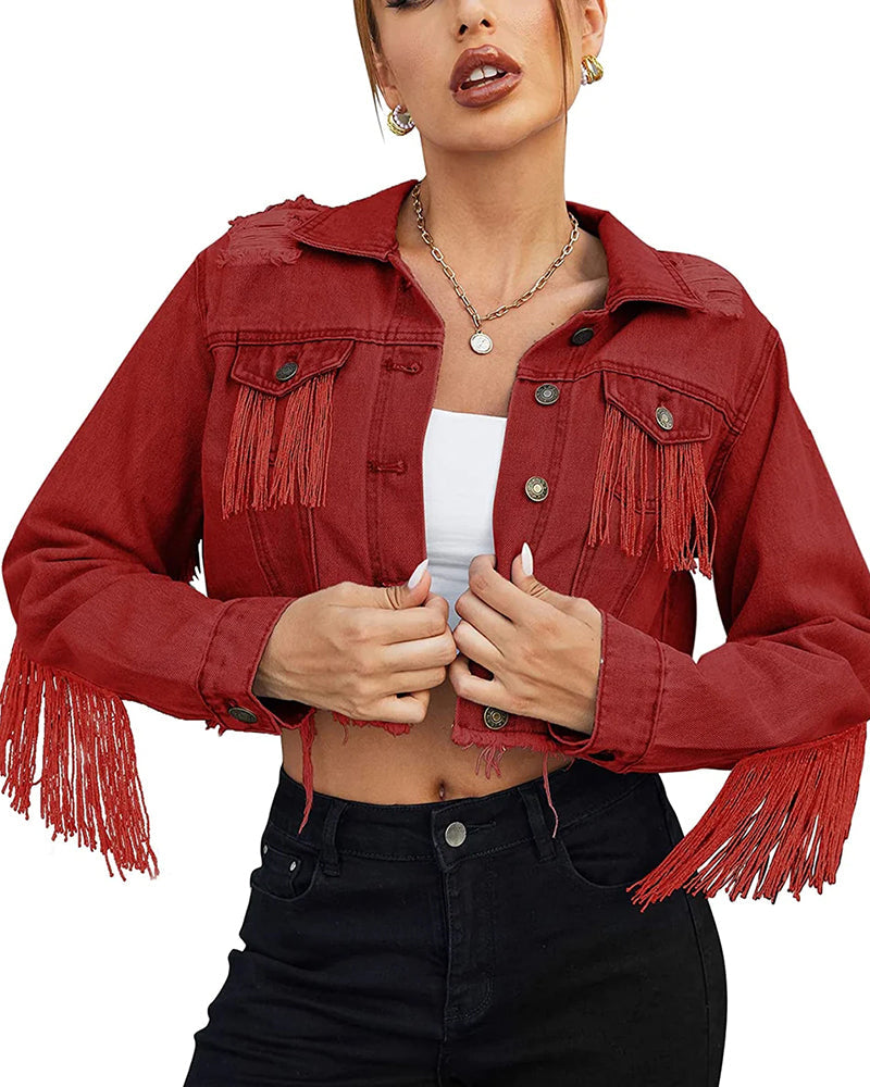 Women's Raw Hem Ripped Fringe Long Sleeve Crop Denim Jacket - Zeagoo (Us Only)