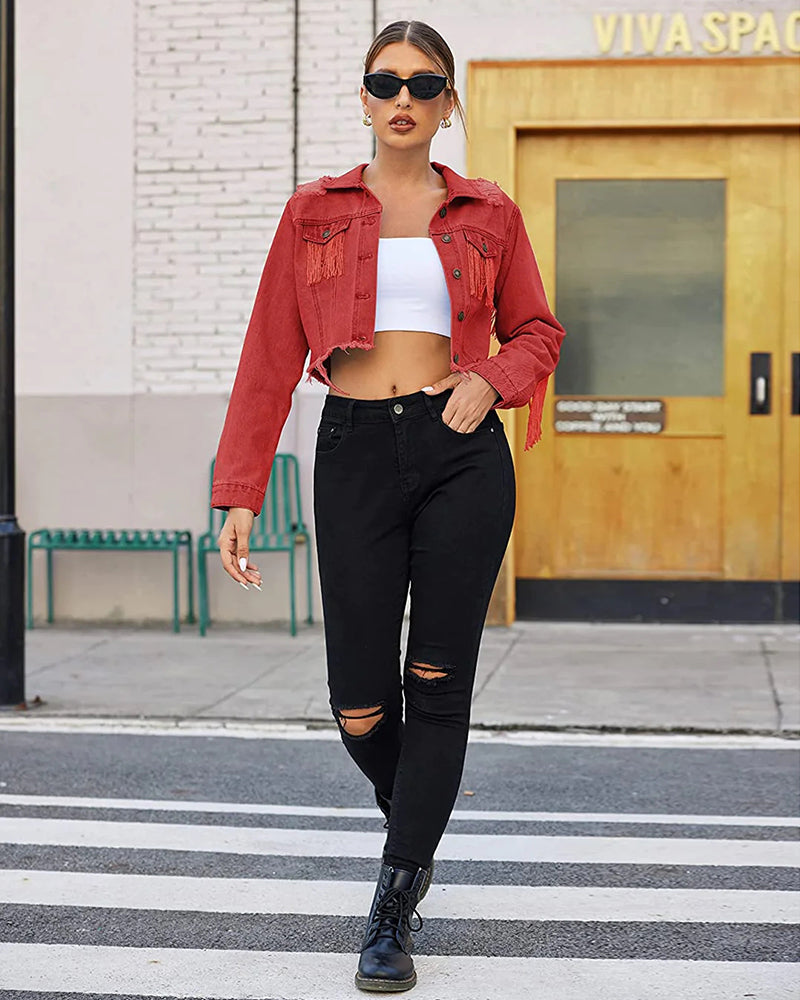 Women's Raw Hem Ripped Fringe Long Sleeve Crop Denim Jacket - Zeagoo (Us Only)