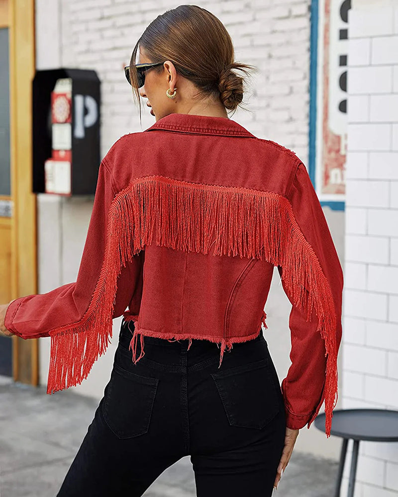 Women's Raw Hem Ripped Fringe Long Sleeve Crop Denim Jacket - Zeagoo (Us Only)