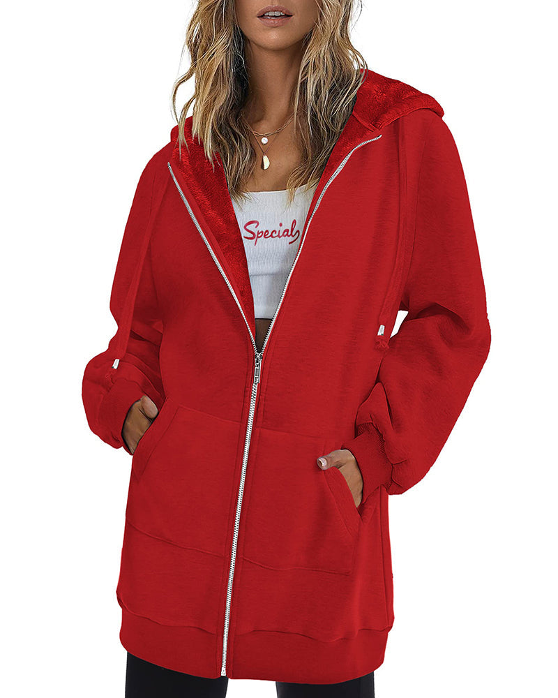 Women Zip Up Hoodies Long Fleece Jacket Lightweight Tunic Hooded Sweatshirt Oversize Winter Coat With Pockets - Zeagoo (Us Only)