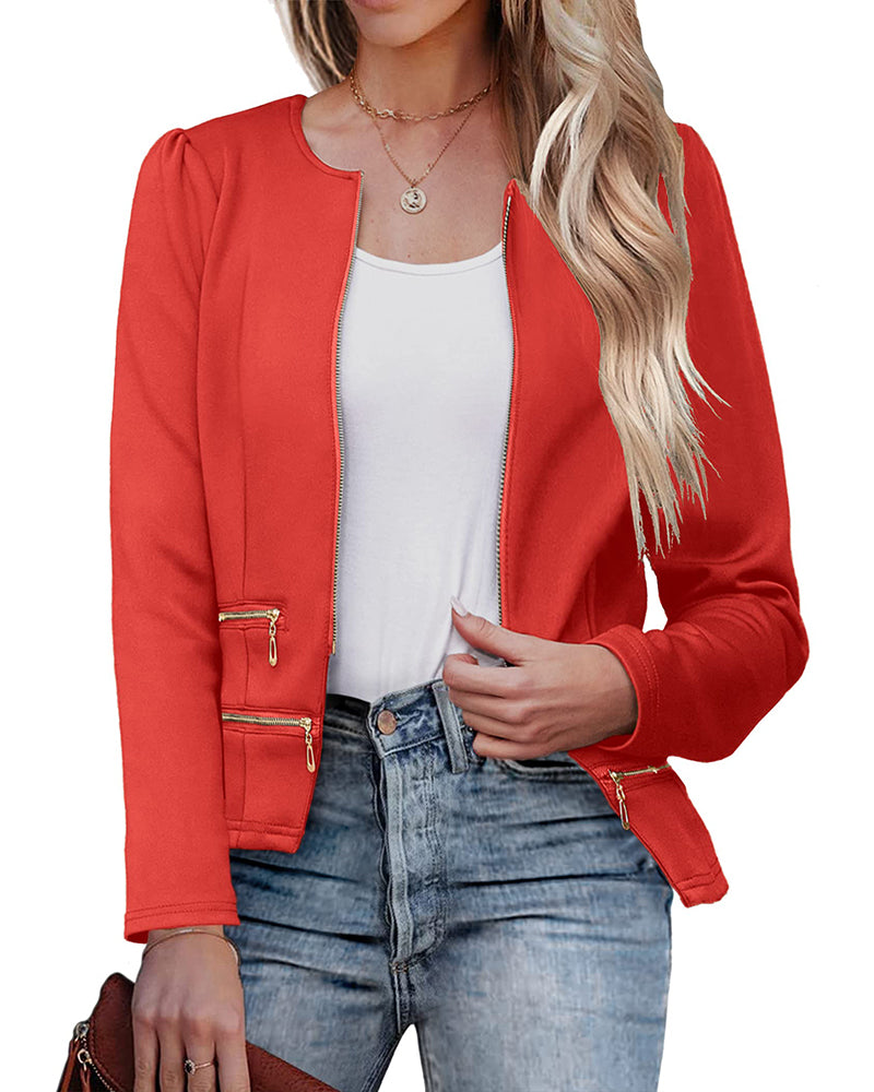 Zeagoo Womens Blazer Cropped Open Front Zipper Dress Jacket O Neck Casual Office Suit Jacket