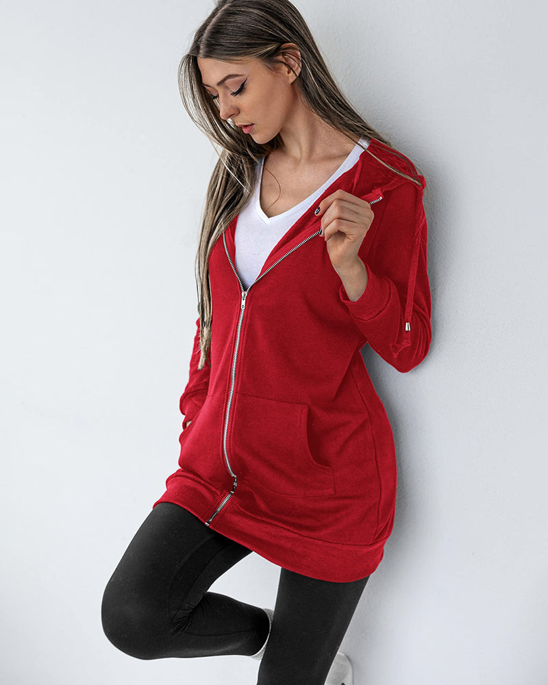Women Zip Up Hoodies Long Fleece Jacket Lightweight Tunic Hooded Sweatshirt Oversize Winter Coat With Pockets - Zeagoo (Us Only)