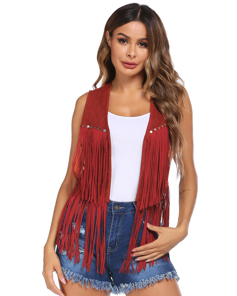 Zeagoo Womens Fringe Vest 70s Cowgirl Costume Faux Suede Rave Outfits Western Hippie Clothes S-XXXL