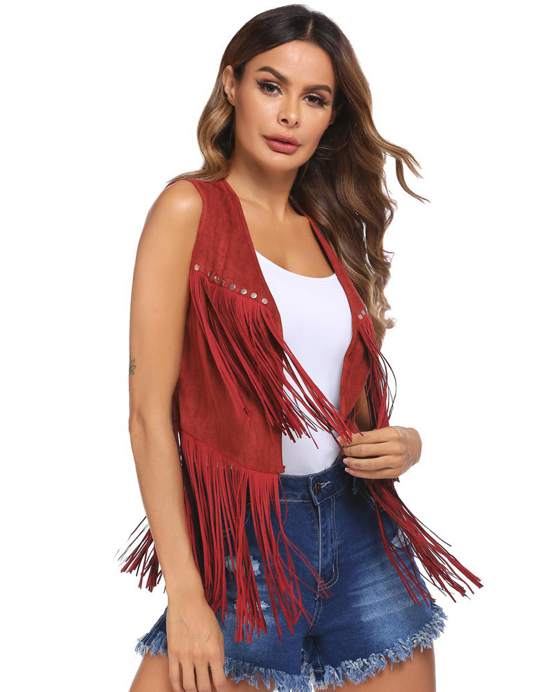 Zeagoo Womens Fringe Vest 70s Cowgirl Costume Faux Suede Rave Outfits Western Hippie Clothes S-XXXL