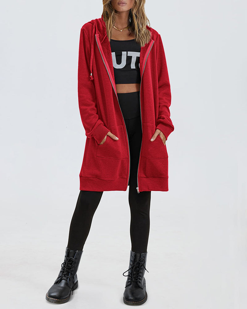 Women Zip Up Hoodies Long Fleece Jacket Lightweight Tunic Hooded Sweatshirt Oversize Winter Coat With Pockets - Zeagoo (Us Only)