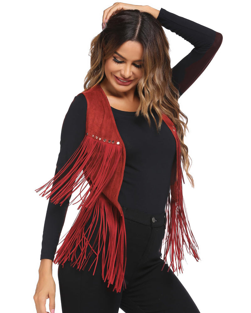 Zeagoo Womens Fringe Vest 70s Cowgirl Costume Faux Suede Rave Outfits Western Hippie Clothes S-XXXL