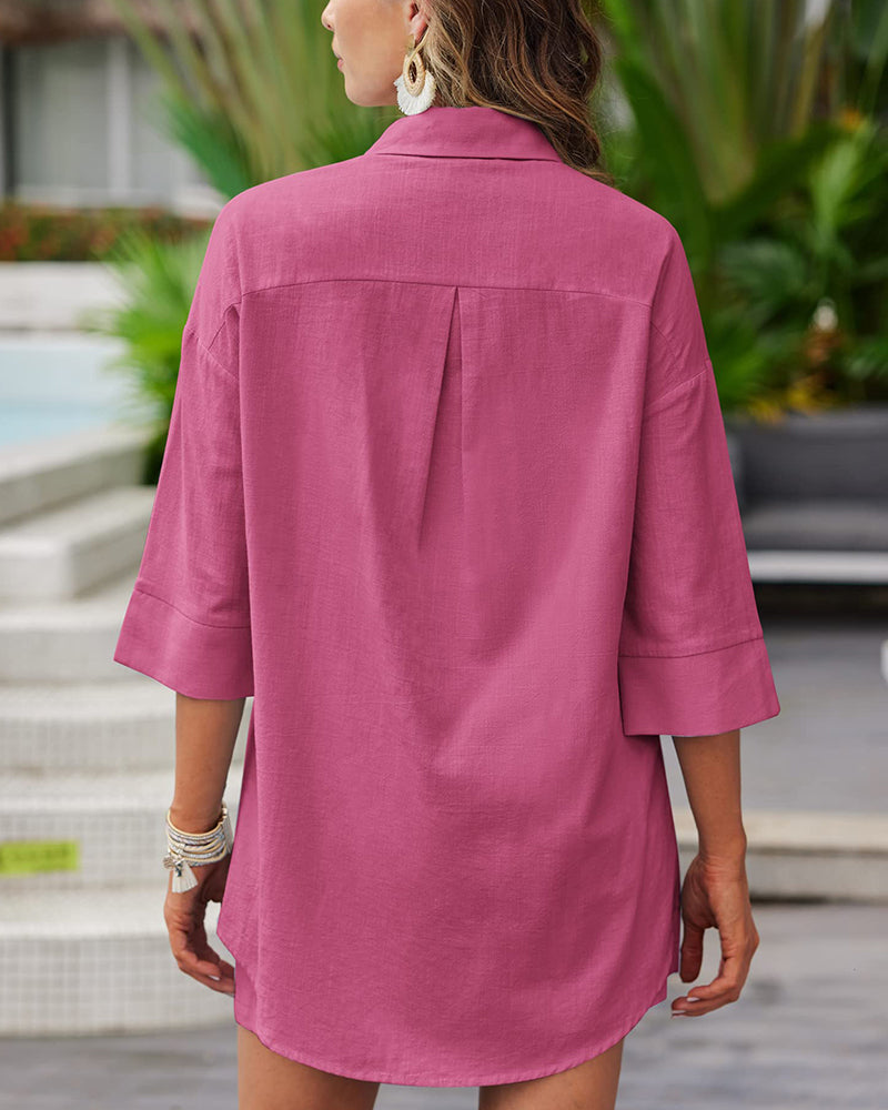 Women Linen Sets 2 Piece Summer Outfits Beach Linen Shirt Elastic Waist Casual Shorts Set - Zeagoo (Us Only)