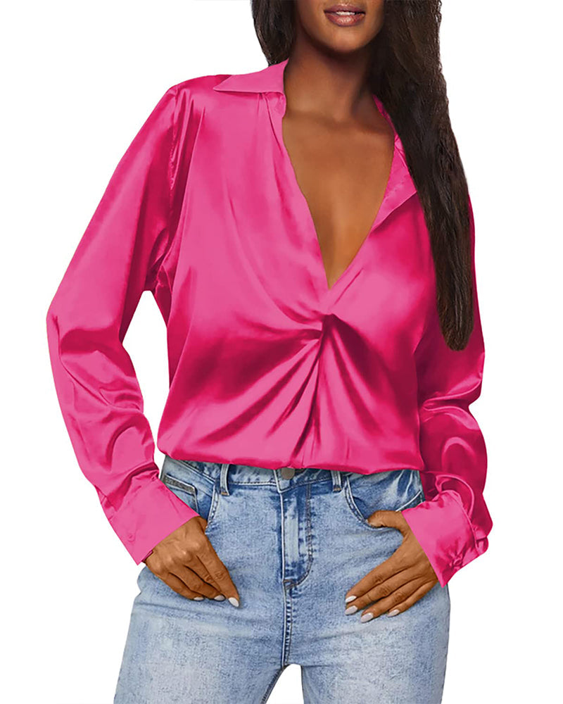 Satin V Neck Twist Front Silk Shirts - Zeagoo (Us Only)