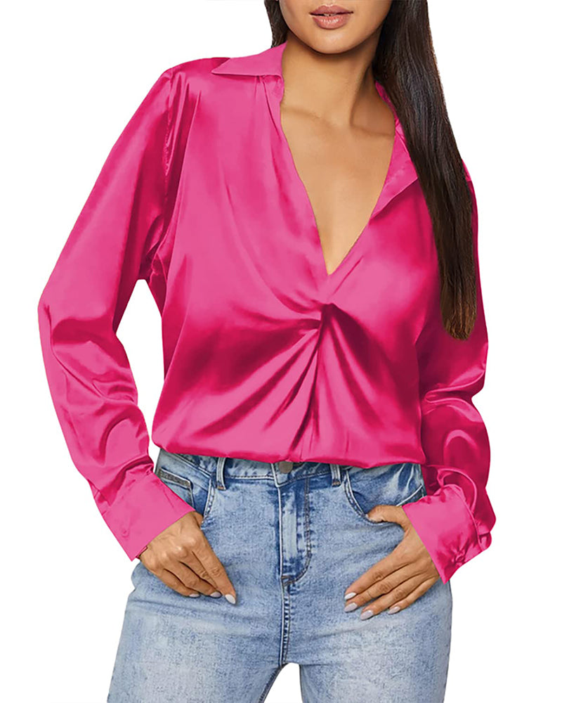 Satin V Neck Twist Front Silk Shirts - Zeagoo (Us Only)