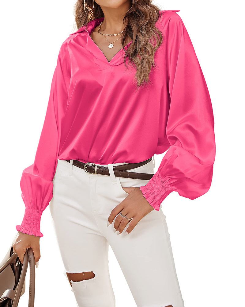 Women's Silk Shirts V Neck Shirred Lantern Sleeve Casual Work Blouse Tunic Tops - Zeagoo (Us Only)