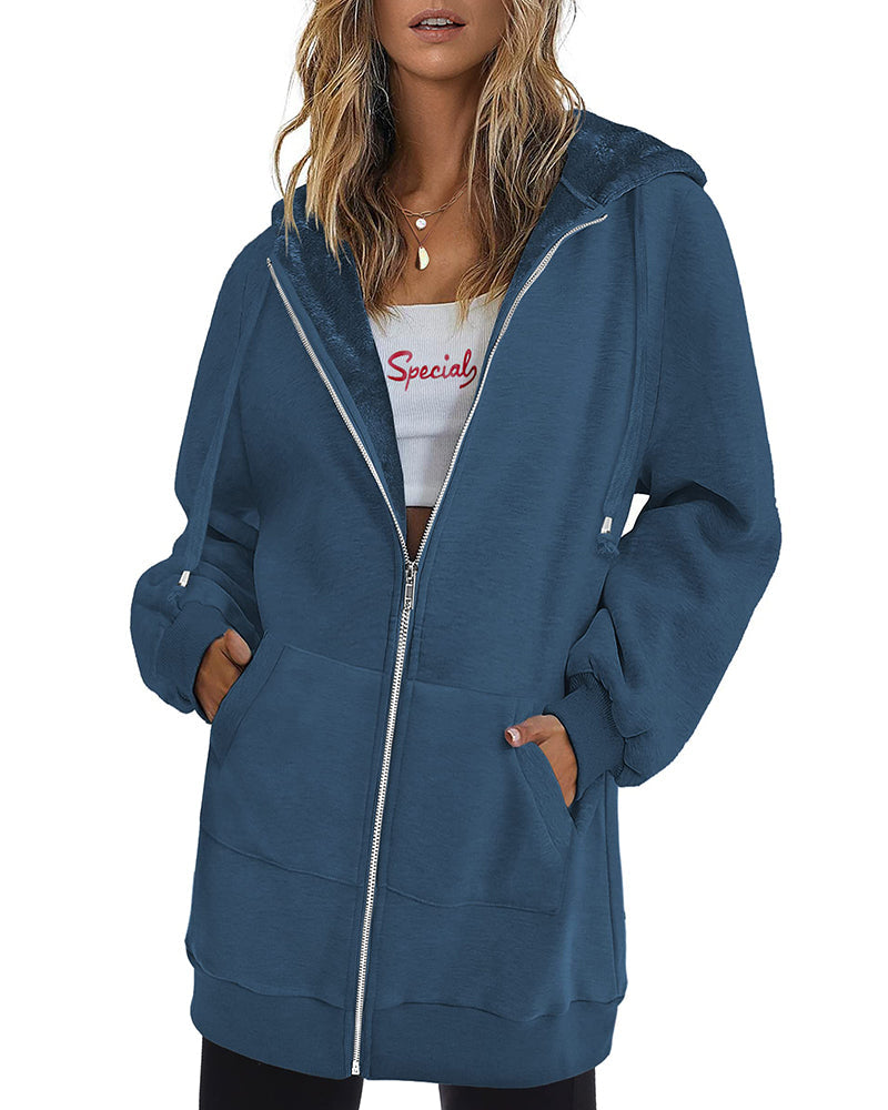 Women Zip Up Hoodies Long Fleece Jacket Lightweight Tunic Hooded Sweatshirt Oversize Winter Coat With Pockets - Zeagoo (Us Only)
