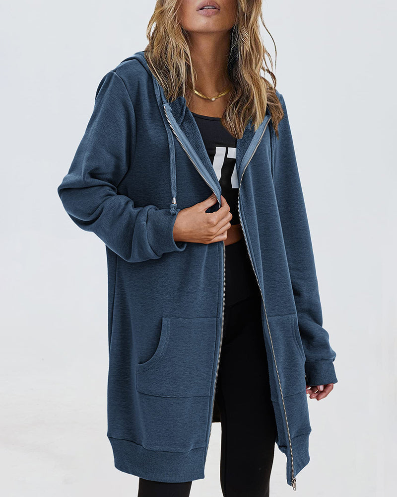Women Zip Up Hoodies Long Fleece Jacket Lightweight Tunic Hooded Sweatshirt Oversize Winter Coat With Pockets - Zeagoo (Us Only)